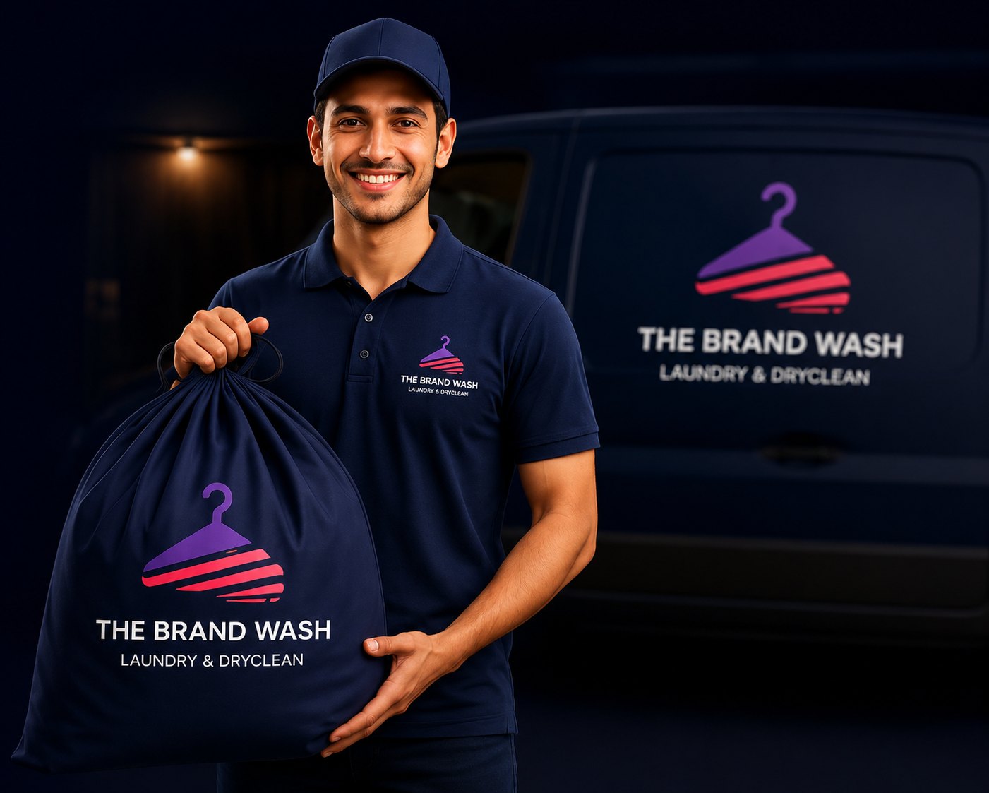 The Brand Wash delivery executive holding a branded laundry bag in front of the delivery van